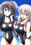 2girls bangs black_swimsuit black_towel blue_eyes blue_sky breasts brown_eyes brown_hair clouds cloudy_sky competition_swimsuit covered_navel day drying eyebrows_visible_through_hair girls_und_panzer half-closed_eyes highres holding holding_towel insignia itsumi_erika kamishima_kanon large_breasts looking_at_viewer medium_hair multiple_girls nishizumi_maho ocean one-piece_swimsuit one_eye_closed open_mouth outdoors parted_lips shiny_swimsuit short_hair silver_hair sky smirk standing swimsuit towel 