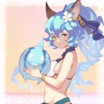  1girl animal_ears blue_hair erune ferry_(granblue_fantasy) flower granblue_fantasy hair_flower hair_ornament hair_ribbon highres holding long_hair looking_at_viewer midriff navel pinepizza ponytail ribbon sidelocks smile solo swimsuit upper_body 