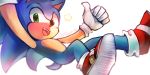  1boy animal_ears arms_up artist_name blue_hair commentary english_commentary fang furry gloves green_eyes happy heart highres long_hair looking_at_viewer male_focus open_mouth red_footwear shoes signature simple_background smile solo sonic sonic_the_hedgehog spacecolonie star_(symbol) tail teeth thumbs_up white_background white_gloves 