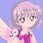  1990s_(style) 1girl bow bowtie collared_shirt dress eyebrows_visible_through_hair feathered_wings hanadi_detazo jacket kishin_sagume long_sleeves looking_at_viewer open_clothes red_eyes shirt short_hair silver_hair simple_background single_wing solo touhou wings 