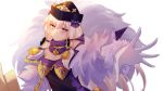  1girl absurdres arcelle closed_mouth dress fire_emblem fire_emblem:_three_houses fire_emblem_heroes fur_trim gloves hair_ornament hat highres long_hair lysithea_von_ordelia pink_eyes simple_background solo upper_body white_background white_gloves white_hair 