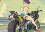  1girl bare_shoulders black_hair black_panties breasts cutesexyrobutts from_behind ground_vehicle highres kamitsure_(pokemon) license_plate looking_at_viewer looking_back motor_vehicle motorcycle panties pokemon pokemon_(game) pokemon_bw short_shorts shorts solo thong under_boob underwear 