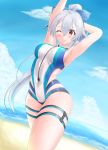  1girl arm_behind_head armpits arms_up beach blue_bow blue_sky blue_swimsuit blush bow breasts clouds commentary_request day fate/grand_order fate_(series) hair_between_eyes hair_bow highres large_breasts long_hair looking_at_viewer multicolored multicolored_clothes multicolored_swimsuit ocean one-piece_swimsuit one_eye_closed outdoors ponytail red_eyes silver_hair sky slit_pupils smile solo swimsuit tomoe_gozen_(fate/grand_order) tomoe_gozen_(swimsuit_saber)_(fate) tsuchinari_yumiichi very_long_hair white_swimsuit 