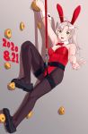  1girl absurdres animal_ears antenna_hair bouldering bow bowtie bunnysuit climbing_wall commentary_request detached_collar full_body green_eyes grey_hair highres kantai_collection kinugasa_(kantai_collection) leotard medium_hair ojipon one_side_up pantyhose rabbit_ears rappelling red_leotard red_neckwear remodel_(kantai_collection) rope smile solo strapless strapless_leotard wrist_cuffs 