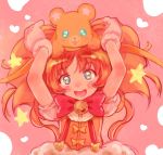  1girl :3 :d big_hair blue_eyes blush bow bowtie copyright_request gloves haguhagu_(rinjuu_circus) hands_up head_tilt highres looking_at_viewer open_mouth orange_hair pink_background red_neckwear smile solo star_(symbol) star_in_eye stuffed_animal stuffed_toy suspenders symbol_in_eye teddy_bear upper_body 
