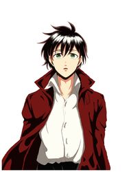  1boy black_hair coat darren_shan green_eyes highres long_coat male_focus open_clothes open_coat open_mouth red_coat short_hair solo the_saga_of_darren_shan white_background 