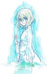 1girl bangs commentary_request eyebrows_visible_through_hair flat_chest green_eyes green_hair gundam gundam_build_divers gundam_build_divers_re:rise japanese_clothes long_sleeves looking_at_viewer mukai_hinata nishida_asako official_art partially_submerged production_art serious short_hair sidelocks solo traditional_media wet wet_clothes wet_hair 