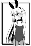  1girl amatsukaze_(kantai_collection) animal_ears arms_behind_back ataru_(ataru-littlebird) bunnysuit choker collarbone commentary_request cowboy_shot fake_animal_ears flat_chest greyscale hair_tubes highres kantai_collection leotard long_hair looking_to_the_side monochrome pantyhose rabbit_ears smokestack_hair_ornament solo standing strap strapless strapless_leotard two_side_up windsock 