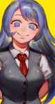  1girl arm_behind_back artist_name blue_eyes blue_hair boku_no_hero_academia breasts commentary_request gradient_hair green_hair hadou_nejire ibuo_(ibukht1015) large_breasts light_blue_hair long_hair looking_at_viewer multicolored_hair red_neckwear school_uniform short_sleeves simple_background smile solo u.a._school_uniform upper_body very_long_hair yellow_background 