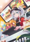  1girl absurdres blue_eyes commentary_request employee_uniform eyebrows_visible_through_hair fall_guys fast_food fast_food_uniform food hair_between_eyes hamburger highres looking_at_viewer open_mouth short_hair solo standing tongue tray twintails uniform white_hair wrist_cuffs zoff_(daria) 