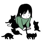  1girl animal arm_support bangs black_cat black_hair cat closed_eyes dot_nose drawing facing_viewer full_body hirasawa_minami holding leaning_forward long_sleeves lowres original simple_background solo surreal white_background 