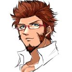  1boy blue_eyes brown_hair chest close-up collar facial_hair fate/grand_order fate_(series) glasses goatee katou_ameya looking_at_viewer male_focus muscle napoleon_bonaparte_(fate/grand_order) shirt sideburns smile solo white_background 