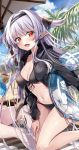  1girl absurdres beach bikini bikini_under_clothes breasts hair_flaps highres innertube kakao_rantan navel open_mouth pointy_ears red_eyes sentouin_haken_shimasu! silver_hair swimsuit 