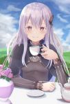  1girl bangs black_capelet black_dress blue_sky blurry blush breasts butterfly_hair_ornament capelet chair clouds cloudy_sky commentary_request cup day dress echidna_(re:zero) flower grass hair_between_eyes hair_ornament hand_up head_tilt highres holding holding_cup long_hair long_sleeves looking_at_viewer medium_breasts outdoors parted_bangs plate re:zero_kara_hajimeru_isekai_seikatsu silver_hair sitting sky smile solo table umineco_1 upper_body 