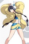  1girl arms_up bangs black_hair blue_eyes blunt_bangs breasts checkered closed_mouth coat commentary eyebrows_visible_through_hair eyelashes fur_coat gym_leader headphones highres holding holding_poke_ball kamitsure_(pokemon) long_sleeves monochrome_background poke_ball poke_ball_(basic) poke_ball_symbol pokemon pokemon_(game) pokemon_bw2 sakuraidai short_hair_with_long_locks solo yellow_coat 
