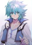  1boy aoki_(fumomo) bangs blue_hair collarbone eyebrows_visible_through_hair green_eyes hair_between_eyes johan_andersen long_sleeves male_focus medium_hair shiny shiny_hair shirt simple_background solo spiky_hair upper_body white_background white_shirt yuu-gi-ou yuu-gi-ou_gx 