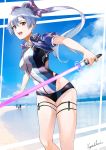  1girl :o absurdres blue_swimsuit blurry blurry_background bow breasts commentary_request dual_wielding energy_sword fate/grand_order fate_(series) hair_between_eyes hair_bow highres holding holding_sword holding_weapon jacket long_hair looking_at_viewer medium_breasts mitsudomoe_(shape) multicolored multicolored_clothes multicolored_swimsuit one-piece_swimsuit ponytail purple_bow purple_jacket purple_swimsuit red_eyes shrug_(clothing) signature silver_hair solo swimsuit sword thigh_strap tomoe_(symbol) tomoe_gozen_(fate/grand_order) tomoe_gozen_(swimsuit_saber)_(fate) vegetablenabe weapon white_swimsuit 