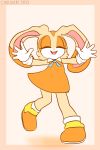 1girl animal_ears arms_up artist_name ascot blue_neckwear border buck_teeth child closed_eyes commentary cream_the_rabbit dancing dated dress english_commentary flat_chest full_body furry gloves happy highres leg_up open_mouth orange_border orange_dress orange_footwear orange_hair pink_background rabbit_ears shoes short_hair simple_background sleeveless sleeveless_dress smile socks solo sonic_the_hedgehog spacecolonie standing standing_on_one_leg watermark white_gloves white_legwear 
