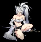 1girl animal_ears arknights bandeau bangs bike_shorts black_background deathalice elbow_gloves eyebrows_visible_through_hair fingerless_gloves gloves grey_eyes hair_between_eyes hair_ornament hairclip highres lappland_(arknights) long_hair scar scar_across_eye shorts silver_hair smile solo sports_bra strapless sword tail tubetop weapon wolf_ears 