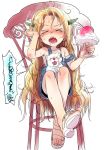  &gt;_&lt; bare_arms bare_shoulders bear blonde_hair blue_overalls blush bosako_(haguhagu) brain_freeze chair crossed_legs facing_viewer food haguhagu_(rinjuu_circus) holding holding_spoon horns ice_cream long_hair open_mouth original overalls polar_bear saliva saliva_trail sandals simple_background sitting spoken_skull spoken_squiggle spoon squiggle strap_slip tears trembling very_long_hair white_background 