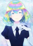  1other bangs diamond_(houseki_no_kuni) elbow_gloves eyebrows_visible_through_hair gloves houseki_no_kuni looking_at_viewer mozuku_(mozuuru0323) multicolored multicolored_eyes multicolored_hair necktie puffy_short_sleeves puffy_sleeves rainbow_eyes rainbow_hair short_hair short_sleeves smile solo upper_body white_gloves 