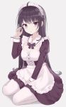  1girl apron bangs blush breasts commentary_request dress frills gradient gradient_background grey_background highres long_hair looking_at_viewer maid maid_headdress nagisa_(cxcx5235) original school_uniform short_hair sitting solo 
