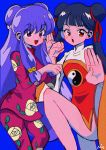  2girls bangs black_hair blue_background cardcaptor_sakura china_dress chinese_clothes clenched_hand double_bun dress eyebrows_visible_through_hair highres leg_up li_meiling multiple_girls nui_inu open_mouth palms purple_hair ranma_1/2 red_eyes shampoo_(ranma_1/2) twintails 