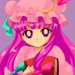  1990s_(style) 1girl blue_bow blue_ribbon blush book bow crescent dress eyebrows_visible_through_hair frilled_dress frills hair_bow hanadi_detazo hat hat_ribbon highres long_hair mob_cap pajamas patchouli_knowledge purple_hair red_bow red_ribbon ribbon simple_background solo touhou violet_eyes 