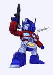  1boy absurdres artist_name autobot blue_eyes chibi english_commentary gun highres holding holding_gun holding_weapon lizardsaur looking_up mecha no_humans optimus_prime solo transformers weapon 