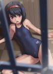  1girl arena_(company) bars black_hair blue_swimsuit blurry checkered checkered_floor commentary_request competition_school_swimsuit depth_of_field feet_out_of_frame flat_chest hairband highres in_cell looking_at_viewer lying on_side open_mouth original prison prison_cell red_eyes red_hairband rohitsuka school_swimsuit solo swimsuit 