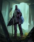  1boy belt bloodborne blue_cape blue_jacket blue_pants boots cape cloak commentary_request forest full_body gloves grass hand_on_belt helmet highres holding jacket long_sleeves male_focus miso_katsu nature outdoors pants shoes solo standing sword twitter_username valtr_(bloodborne) weapon 