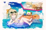  1girl afloat beach border bow bubble_tea clouds drinking drinking_straw eyewear_on_head fading_border frilled_swimsuit frills granblue_fantasy green_hair hair_bow harvin innertube instrument looking_at_viewer mimlememel multiple_views navel official_art ponytail pumpkin shaved_ice short_hair sitting sparkle sunglasses sweatdrop swimsuit tree_stump trumpet turtle violet_eyes 