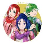 1boy 2girls arrow_(projectile) blue_eyes blue_hair closed_mouth fire_emblem fire_emblem:_mystery_of_the_emblem fire_emblem:_new_mystery_of_the_emblem fire_emblem_heroes gordin_(fire_emblem) green_eyes green_hair intelligent_systems kris_(fire_emblem) kris_(fire_emblem)_(female) kyufe multiple_girls nintendo norne_(fire_emblem) open_mouth ponytail quiver redhead short_hair simple_background super_smash_bros. upper_body