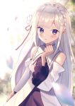  1girl bangs blush braid butterfly_hair_ornament day detached_sleeves elf emilia_(re:zero) eyebrows_visible_through_hair hair_ornament highres outdoors pointy_ears re:zero_kara_hajimeru_isekai_seikatsu standing uni_sirasu violet_eyes white_hair wide_sleeves 