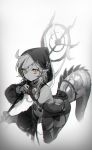  1girl absurdres ahoge arknights bare_shoulders closed_mouth crocodilian_tail goggles goggles_around_neck greyscale highres holding holding_staff hood hood_up large_tail long_hair monochrome pointy_ears simple_background solo soyoong_jun spot_color staff tail tomimi_(arknights) yellow_eyes 