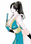  1girl arm_guards black_hair breasts fan fatal_fury folding_fan highres large_breasts long_hair osakana_e ponytail revealing_clothes shiranui_mai solo white_background 