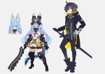  absurdres ahoge animal_ear_fluff animal_ears bare_shoulders belt black_hair black_legwear blue_eyes blue_hair boots clawed_gauntlets concept_art dress fang gauntlets gloves greaves grey_background hair_between_eyes hajime_(hajime-ill-1st) hand_on_hip highres holding holding_sword holding_weapon long_hair mask mechanical_tail mouth_mask original parted_lips pointy_ears silhouette simple_background sleeves_past_wrists standing sword tail thigh-highs turtleneck vambraces weapon white_gloves yellow_eyes 