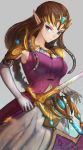  1girl armpit_peek blue_eyes brown_hair dress highres holding holding_sword holding_weapon ippers long_pointy_ears looking_to_the_side pointy_ears princess_zelda purple_dress solo sword the_legend_of_zelda the_legend_of_zelda:_twilight_princess weapon 