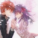  1boy 1girl cherry_blossoms emiya_shirou eyebrows_visible_through_hair fate/stay_night fate_(series) hair_ribbon head_to_head heaven&#039;s_feel highres holding_hands jacket long_hair long_sleeves matou_sakura nayu_tundora orange_hair purple_hair raglan_sleeves red_ribbon ribbon short_hair smile 