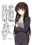  1girl bangs blue_eyes brown_hair character_age dated graphite_(medium) highres i.takashi looking_at_viewer multiple_views office_lady original sketch traditional_media 