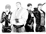  4boys bandana billy_kane crossed_arms fingerless_gloves geese_howard glasses gloves greyscale hakama hand_on_own_chest hein_(kof) jacket japanese_clothes jewelry mark_of_the_wolves monochrome multiple_boys necklace osakana_e rock_howard short_hair staff the_king_of_fighters the_king_of_fighters_xiv tongue tongue_out 