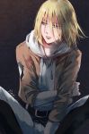  1girl annie_leonhardt bangs belt belt_buckle black_belt blonde_hair blue_eyes brown_jacket buckle closed_mouth hair_between_eyes highres hood hood_down hooded_sweater jacket long_sleeves medium_hair open_clothes open_jacket pants sakuragawanaa shingeki_no_kyojin shiny shiny_hair sitting solo sweater white_pants white_sweater 