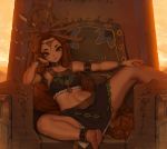  1girl anklet armlet armpits barefoot bracelet gerudo hair_ornament jewelry letdie1414 looking_at_viewer necklace pointy_ears redhead riju sitting smile solo spread_legs sunset the_legend_of_zelda the_legend_of_zelda:_breath_of_the_wild throne 