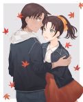  1boy 1girl autumn autumn_leaves black_jacket blue_pants bow brown_hair closed_mouth collarbone collared_shirt cowboy_shot dress_shirt floating_hair green_eyes grey_background hair_bow hattori_heiji hood hood_down jacket leaf maple_leaf medium_hair meitantei_conan miniskirt open_clothes open_jacket orange_bow orange_skirt pants pleated_skirt ponytail profile shirt skirt standing sweatdrop tooyama_kazuha two-tone_background white_background white_shirt wing_collar zarutsu 