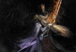  1boy black_wings bracelet cloak commentary_request crown da_(dsasd751) dark_souls_iii dual_wielding facing_viewer fire flaming_sword flaming_weapon helmet highres holding holding_sword holding_weapon jewelry male_focus pontiff_sulyvahn robe shoulder_plates solo souls_(from_software) sword torn_cloak torn_clothes weapon white_cloak wings 