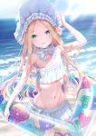  1girl abigail_williams_(fate/grand_order) abigail_williams_(swimsuit) arm_up bangs bare_shoulders beach bikini blonde_hair blue_eyes blue_sky blush bonnet bow braid breasts fate/grand_order fate_(series) forehead hair_bow hair_rings highres innertube kachayori light_rays long_hair looking_at_viewer miniskirt navel ocean parted_bangs parted_lips shore sidelocks skirt sky small_breasts smile sunlight swimsuit twin_braids twintails very_long_hair white_bikini white_bow white_headwear 