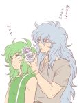  2boys androgynous andromeda_shun long_hair medium_hair mole mole_under_eye pisces_aphrodite sanna simple_background size_difference translation_request white_background white_rose 