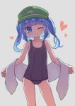  1girl ;) bangs bare_shoulders blue_eyes blue_hair blue_swimsuit blush closed_mouth collarbone covered_navel eyebrows_visible_through_hair flat_cap green_headwear grey_background hair_bobbles hair_ornament hat heart highres kawashiro_nitori kibisake old_school_swimsuit one-piece_swimsuit one_eye_closed school_swimsuit simple_background smile solo standing swimsuit touhou towel two_side_up 