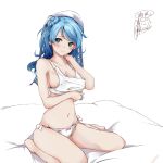  1girl bare_legs barefoot bed_sheet blue_eyes blue_hair blush breasts character_name closed_mouth collarbone commentary_request double_bun eyebrows_visible_through_hair hat kantai_collection large_breasts medium_hair navel panties rizzl sailor_hat signature simple_background sitting smile solo tank_top twitter_username underwear underwear_only urakaze_(kantai_collection) wariza white_background white_headwear white_panties 