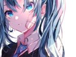  1girl bandaid bandaid_on_cheek bandaid_on_face bangs blue_eyes blue_neckwear chigiri_kurenai close-up collared_shirt commentary crying crying_with_eyes_open face hatsune_miku highres long_hair looking_at_viewer necktie parted_lips rolling_girl_(vocaloid) shirt simple_background solo sparkle tears teeth twintails very_long_hair vocaloid white_background white_shirt wing_collar 